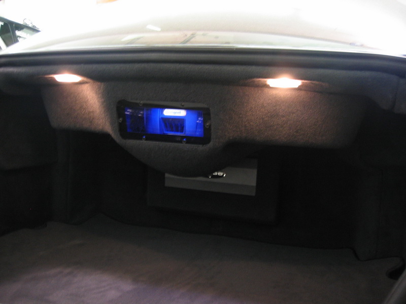 Trunk of Mercedes S55 with sub box and amp rack